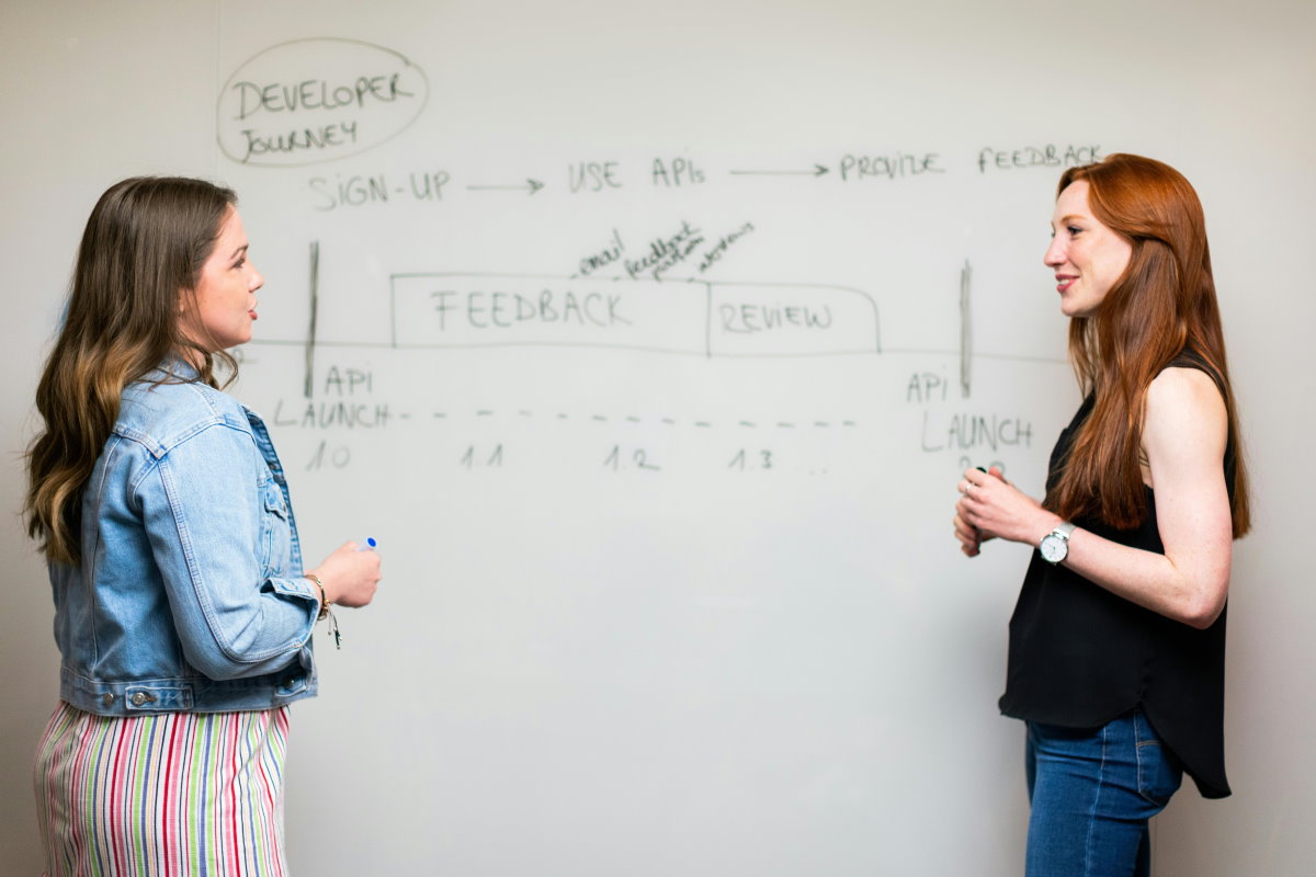 women discussing with flipboard