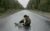 man working with a laptop while sitting on the road